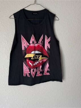 Black 'Rock and Roll' Graphic Muscle Tee
